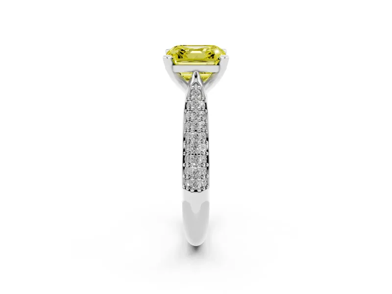 Fancy Yellow Asscher Cut Diamond Solitaire Engagement Ring Set in Platinum with Multi-Row Round Pavé Band and Prong Setting
