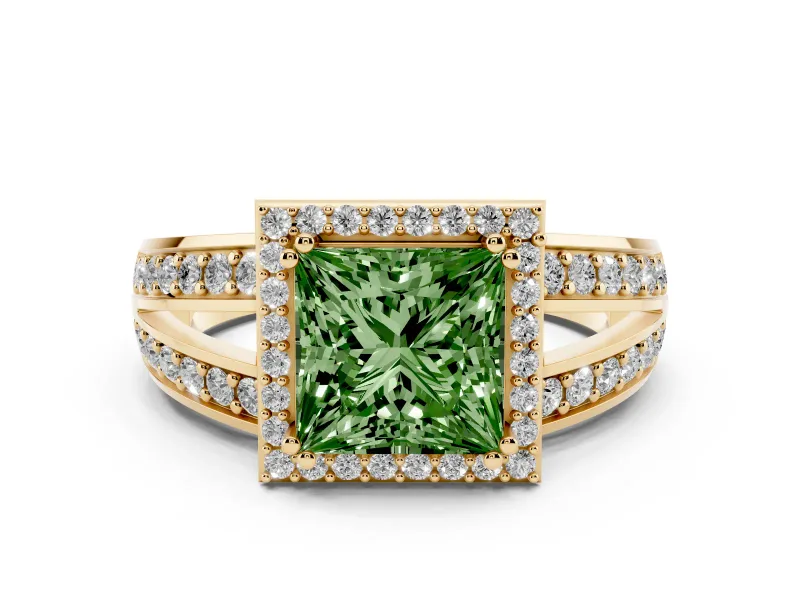 Fancy Green Princess Cut Diamond Halo Ring Set in Yellow gold with Double Pavé Split Shank