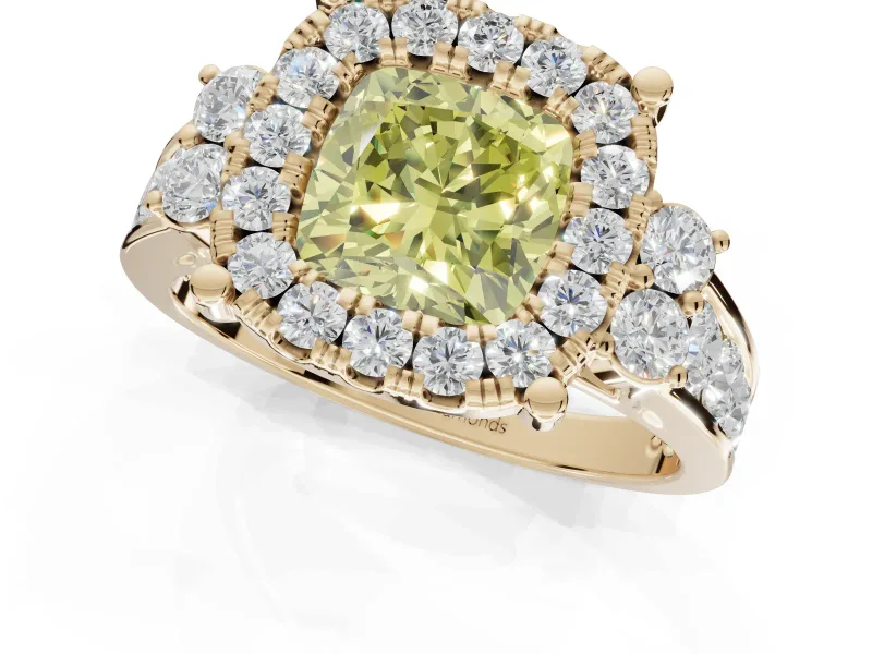 Cushion Cut Halo Engagement Ring Setting for a Fancy Yellow Lab-Grown Diamond | Graduated Channel Band | Yellow Gold