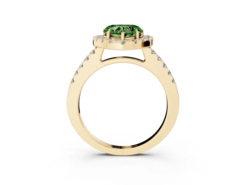 Fancy Green Heart Cut Diamond Halo Pavé Solitaire Ring Set in Yellow gold with Prong-Set Center Stone