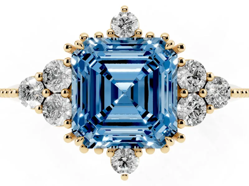 Asscher Cut Cluster Engagement Ring Setting for a Fancy Blue Lab-Grown Diamond | Yellow Gold