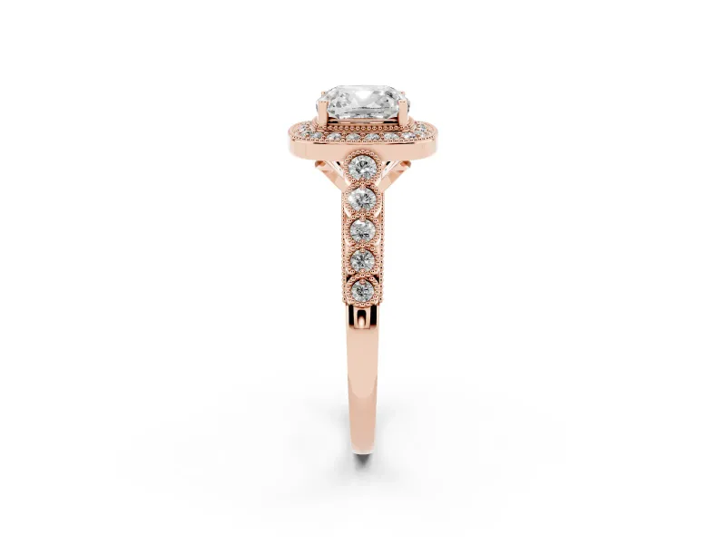 Cushion Cut Milgrain Halo Engagement Ring Setting | Graduated Bezel Accents | Rose Gold