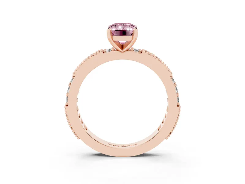 Fancy Pink Emerald Cut Diamond Solitaire Ring Set in Rose gold with Slim Pavé Band and Prong Setting
