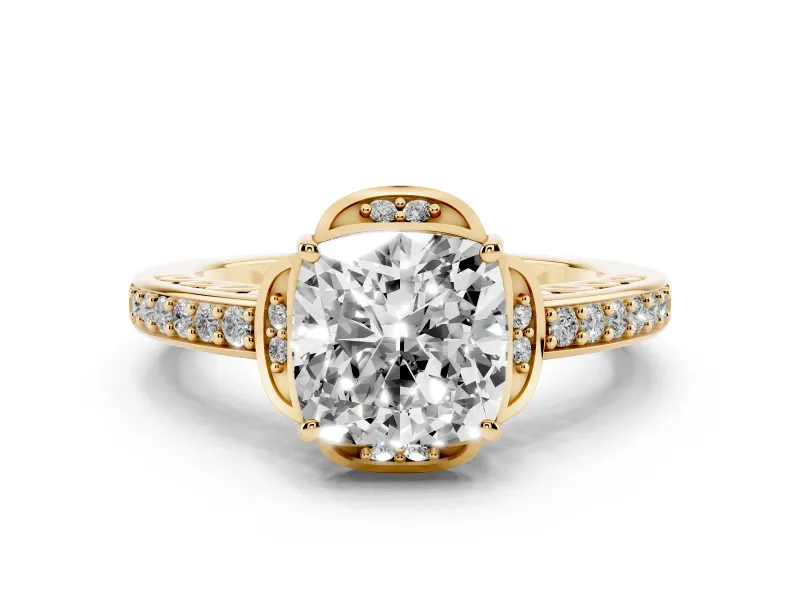 Cushion Cut Diamond Halo Ring Set in Yellow gold with Channel Set Band and Prong Setting