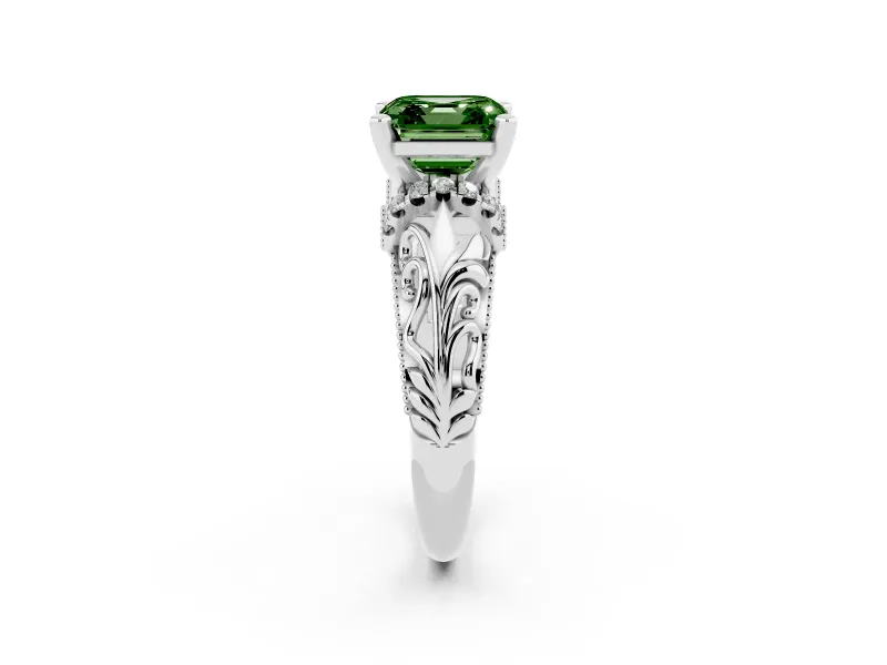 Fancy Green Asscher Cut Diamond Filigree Halo Engagement Ring Set in White gold with Prong Setting