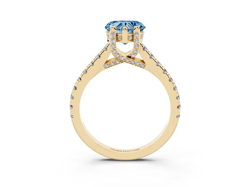 Heart-Shaped Hidden Halo Pave Engagement Ring Setting for a Fancy Blue Lab-Grown Diamond | Claw Prongs | Yellow Gold