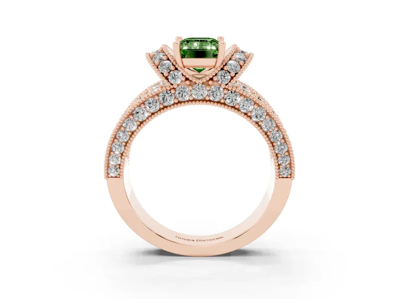 Emerald Cut Vintage Pave Engagement Ring Setting for a Fancy Green Lab-Grown Diamond | Milgrain Edges | Rose Gold