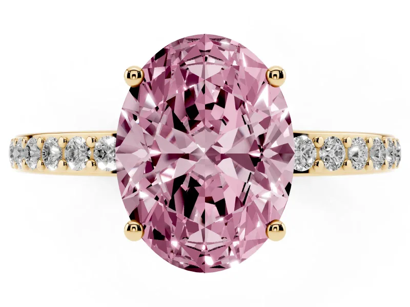 Fancy Pink Oval Cut Diamond Pavé Band Ring Set in Yellow gold with Prong-Set Center Stone
