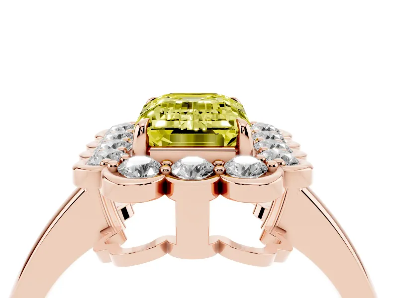 Emerald Cut Scalloped Cluster Halo Engagement Ring Setting for a Fancy Yellow Lab-Grown Diamond | Plain Band | Rose Gold