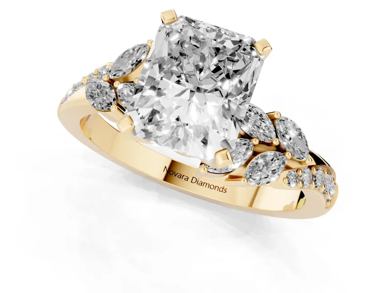 Radiant Cut Diamond Solitaire Ring Set in Yellow gold with Marquise Twist Band and Prong Setting