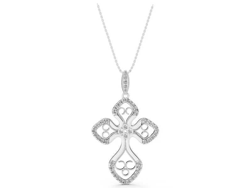 Round Lab-Grown Diamond Graduated Filigree Cross Pendant Necklace | Milgrain Edges | White Gold