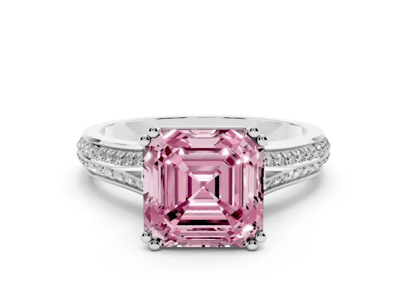 Fancy Pink Asscher Cut Diamond Split Shank Pavé Engagement Ring Set in Platinum with Prong-Set Center Stone