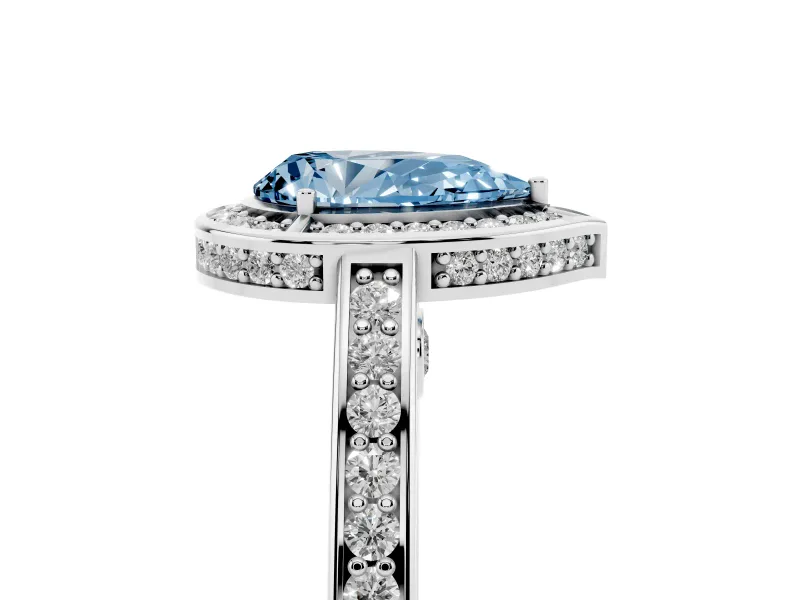 Fancy Blue Pear Cut Diamond Halo Pavé Split Shank Ring Set in Platinum with Prong Setting
