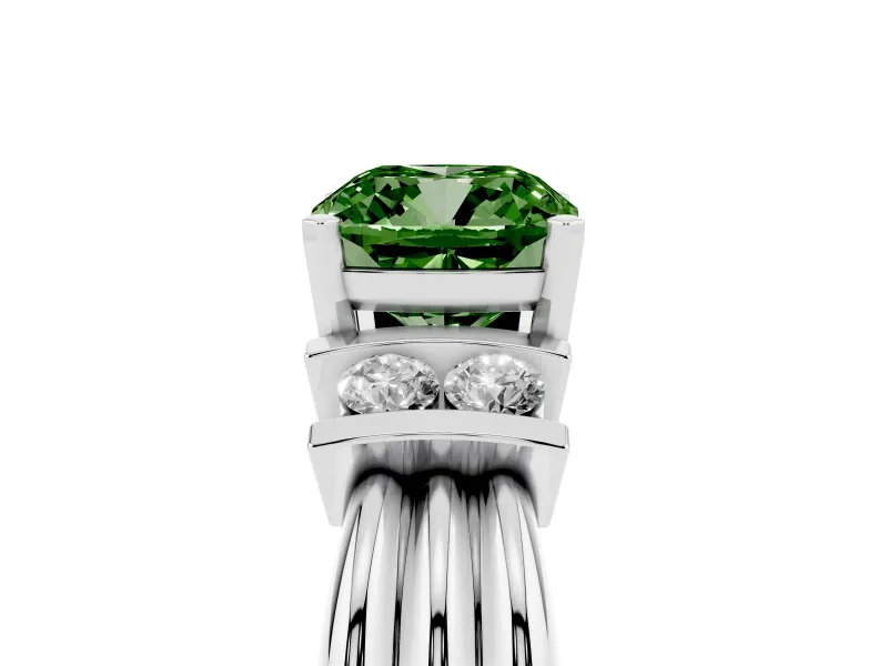 Fancy Green Three-Stone Cushion Cut Diamond Channel Set Ring Set in Silver with Bar Prongs
