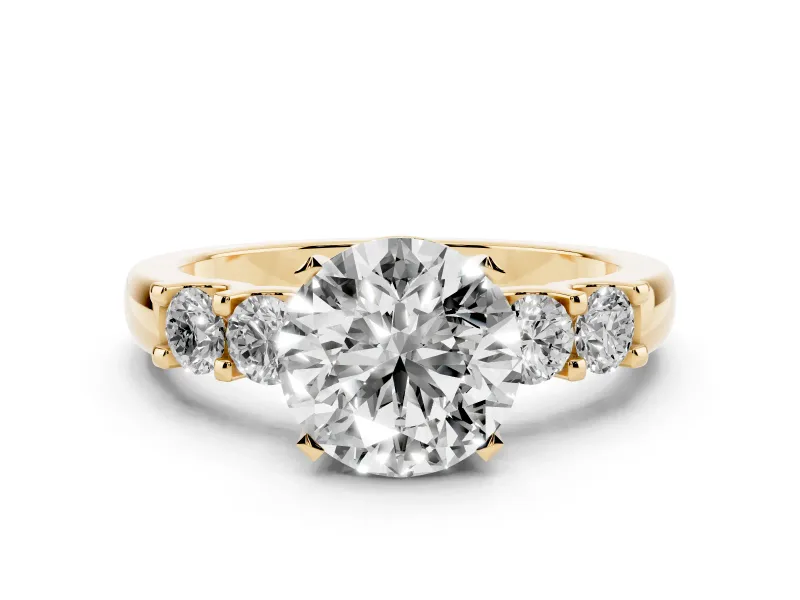 Round Cut Diamond Five-Stone Prong Set Engagement Ring Set in Yellow gold with Channel Band