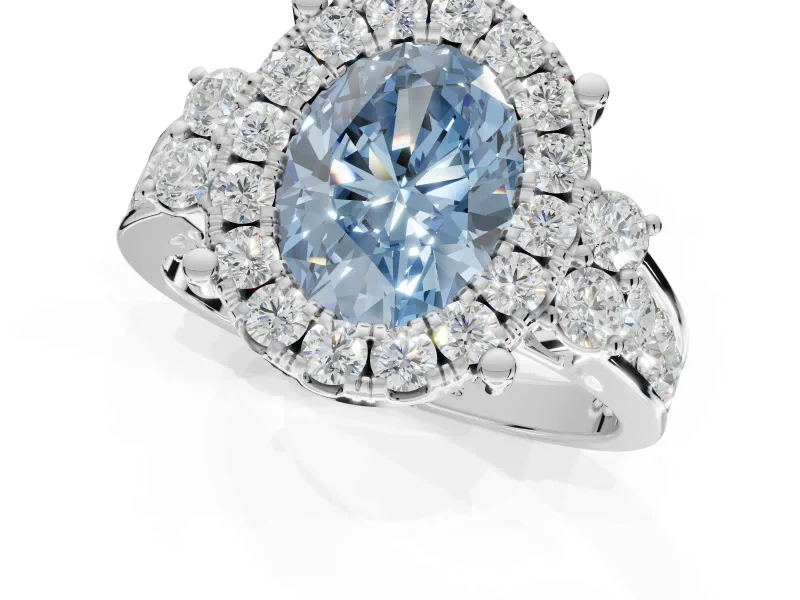 Oval Halo Engagement Ring Setting for a Fancy Blue Lab-Grown Diamond | Side Clusters | Platinum