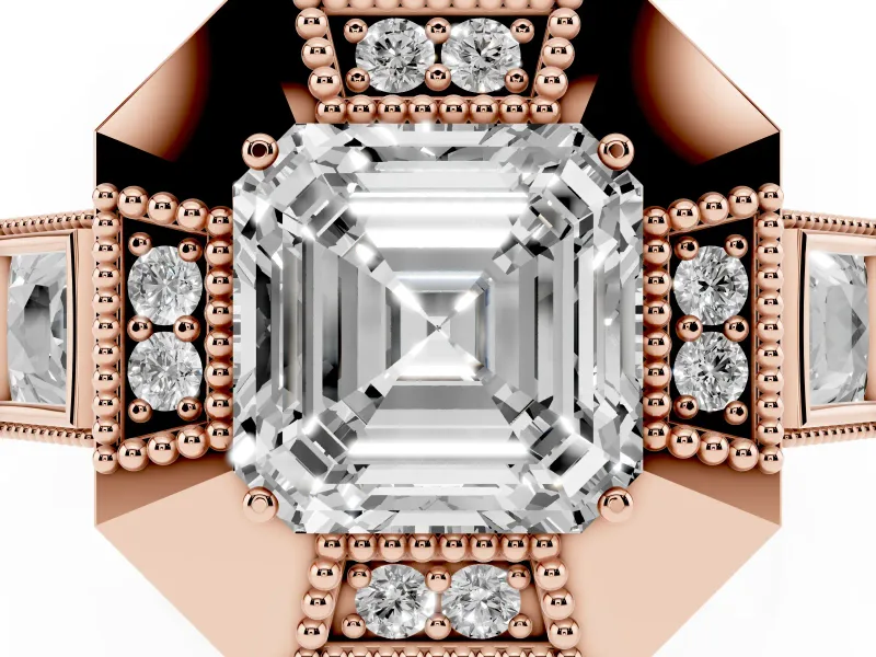 Asscher Cut Milgrain Sectioned Halo Engagement Ring Setting | Square-Framed Sides | Rose Gold