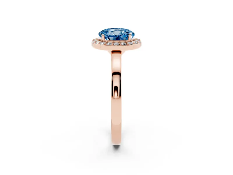 Fancy Blue Round Cut Diamond Halo Ring Set in Rose gold with Solitaire Band and Prong Setting