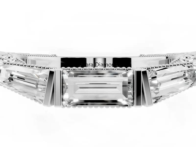 Baguette and Pear-Shaped Lab-Grown Diamond Milgrain Wedding Band | Chevron Sides | White Gold