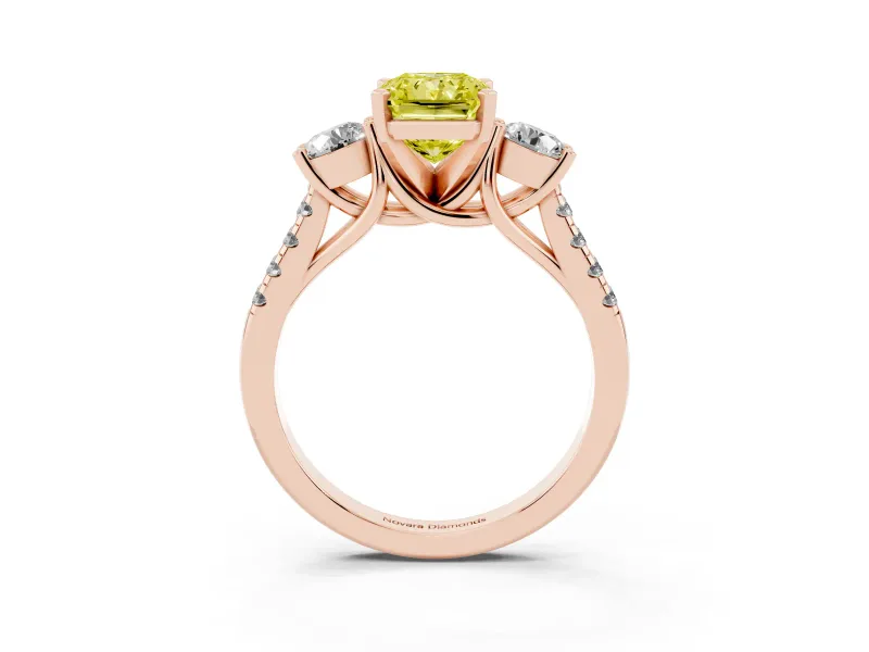 Fancy Yellow Three-Stone Radiant Cut Diamond Pavé Band Ring Set in Rose gold with Prong-Set Trio