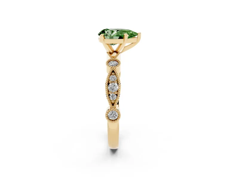 Fancy Green Pear Cut Diamond Solitaire Engagement Ring Set in Yellow gold with Milgrain Bezel Accent Band
