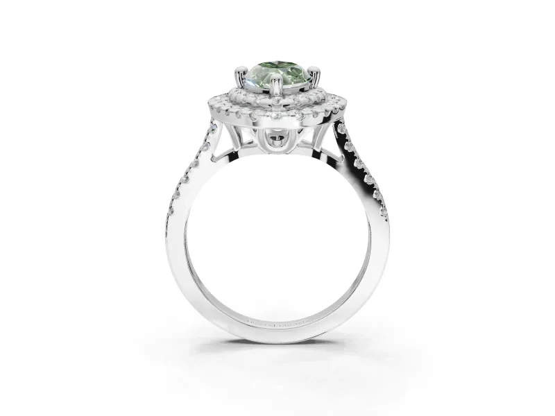 Fancy Green Marquise Lab-Grown Diamond Double Halo Statement Ring Set in White Gold with Pavé Band