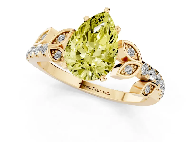 Pear-Shaped Leaf Pavé Engagement Ring Setting for a Fancy Yellow Lab-Grown Diamond | Yellow Gold