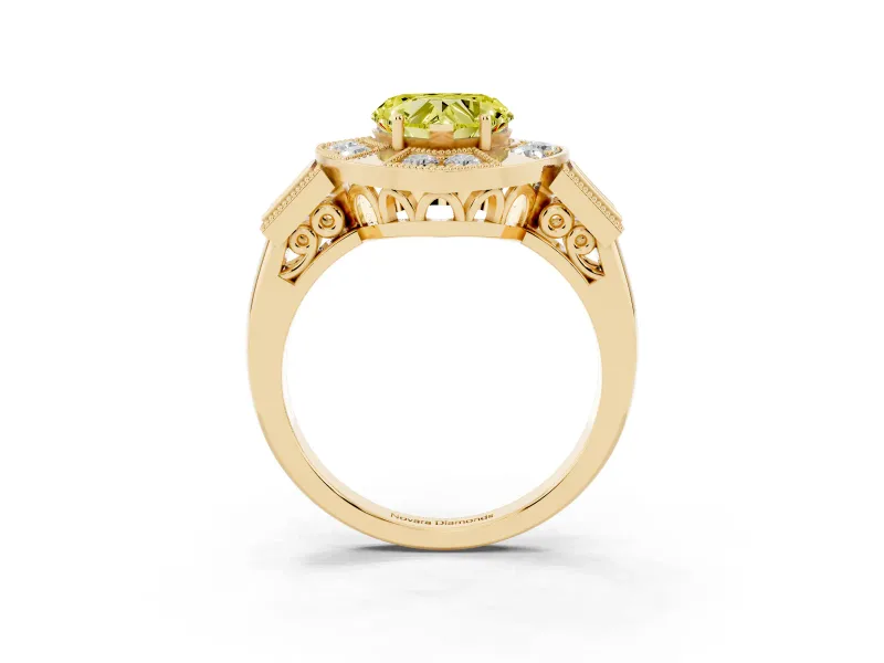 Fancy Yellow Heart Cut Diamond Milgrain Halo Ring Set in Yellow gold with Split Shank