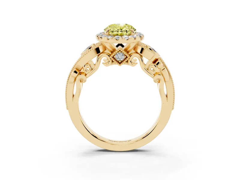 Fancy Yellow Oval Cut Diamond Halo Ring Set in Yellow gold with Milgrain Pavé Band and Prong Setting