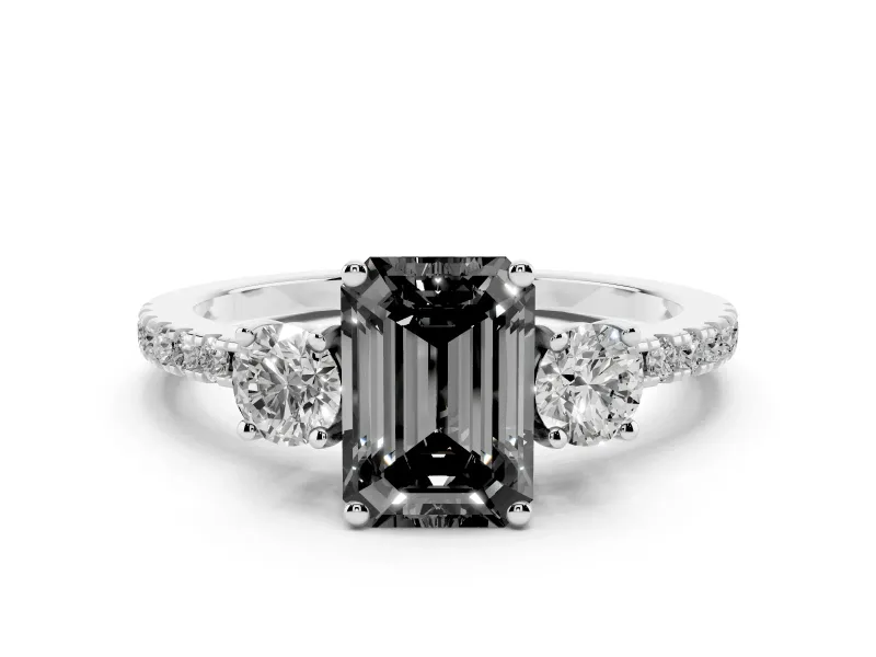 Fancy Black Emerald Cut Diamond Three-Stone Ring Set in Platinum with Pavé Band and Graduated Sides