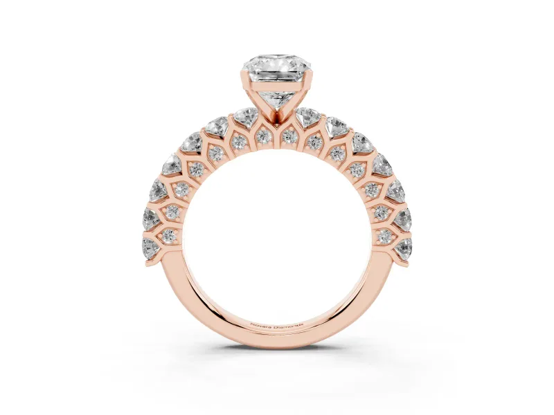 Radiant Cut Shared Prong Engagement Ring Setting | Two-Row Band | Rose Gold