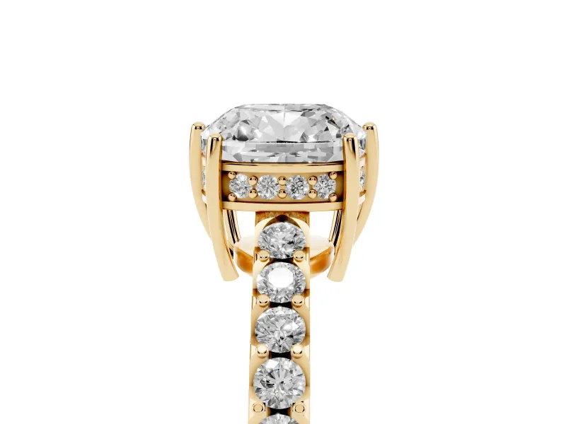 Cushion Cut Hidden Halo Solitaire Engagement Ring Setting | Shared Prong Band | Yellow Gold