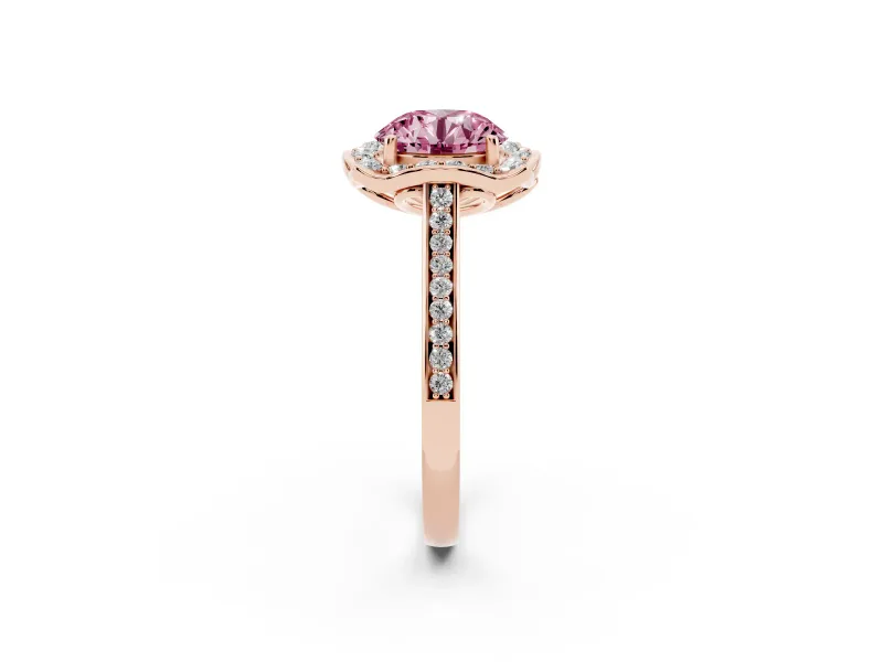 Round Halo Engagement Ring Setting for a Fancy Pink Lab-Grown Diamond | Petal Tips | Rose Gold