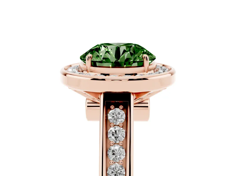Fancy Green Round Cut Diamond Halo Solitaire Ring Set in Rose gold with Pavé Band and Bezel Setting