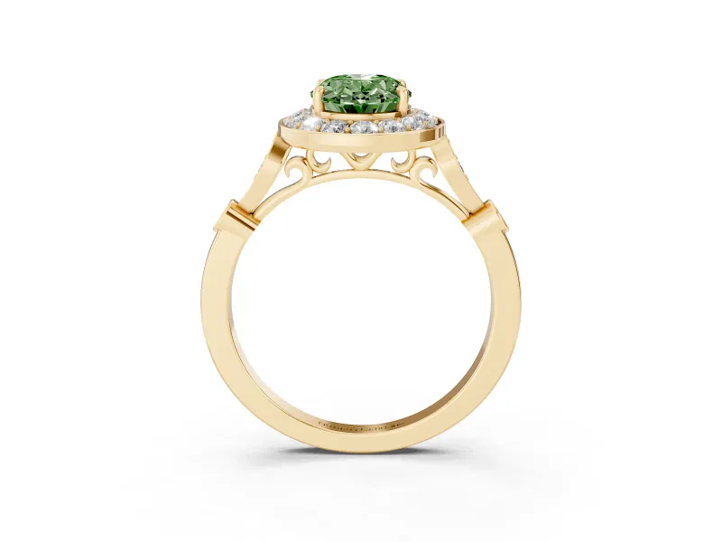 Oval Halo Engagement Ring Setting for a Fancy Green Lab-Grown Diamond | Bezel Stations | Yellow Gold