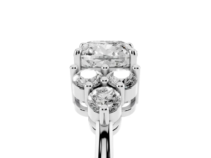 Cushion Cut Diamond Solitaire Ring Set in Silver with Cluster Accents on Each Side