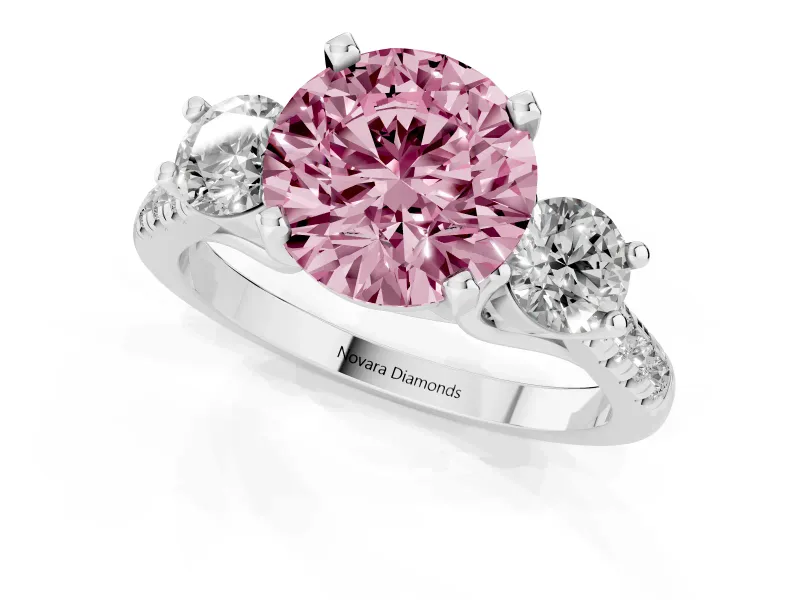 Fancy Pink Three-Stone Round Cut Diamond Pavé Band Ring Set in Silver with Prong-Set Trio