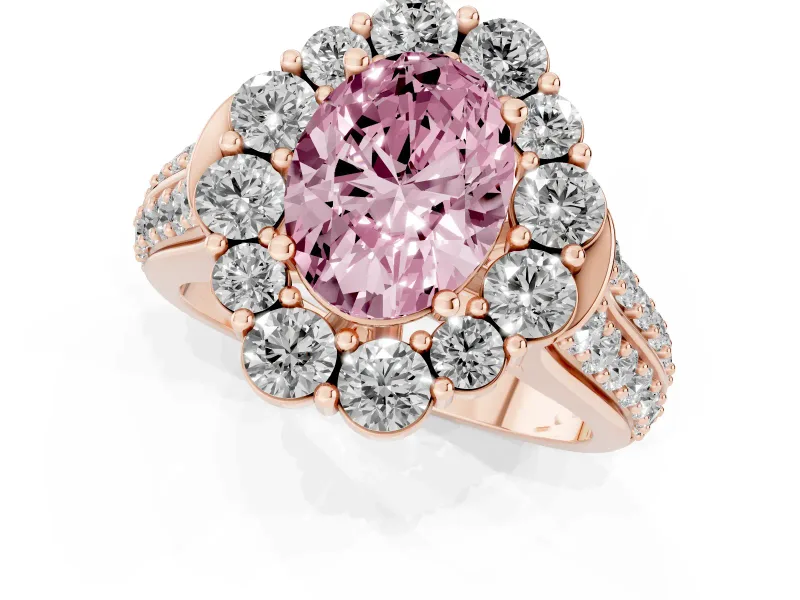 Fancy Pink Oval Cut Diamond Halo Engagement Ring Set in Rose gold with Split Shank and Prong Setting