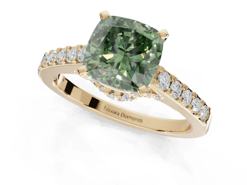 Cushion Cut Pavé Solitaire Engagement Ring Setting for a Fancy Green Lab-Grown Diamond | Crossover Gallery | Yellow Gold