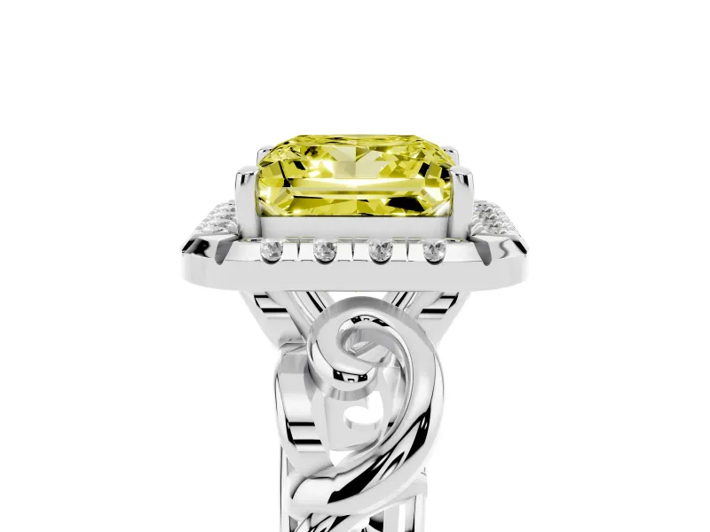 Fancy Yellow Princess Cut Diamond Halo Ring Set in White gold with Scrollwork Band and Prong Setting