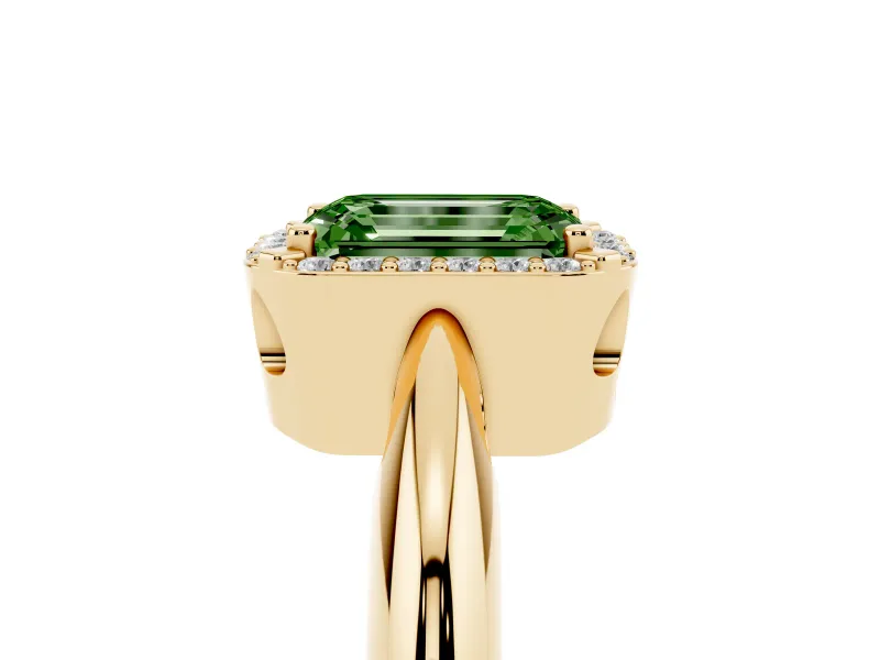 Fancy Green Emerald Cut Diamond Halo Engagement Ring Set in Yellow gold with Plain Split Shank and Prong Setting