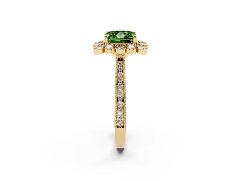 Princess Cut Scalloped Halo Engagement Ring Setting for a Fancy Green Lab-Grown Diamond | Milgrain Edges | Yellow Gold