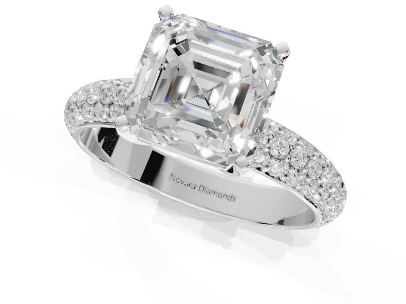 Asscher Cut Pavé Solitaire Engagement Ring Setting | Domed Pavé Band | Sterling Silver