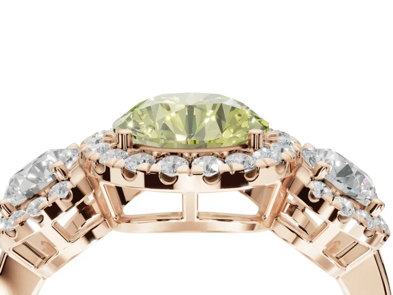 Round Three Stone Halo Engagement Ring Setting for a Fancy Yellow Lab-Grown Diamond | Rose Gold