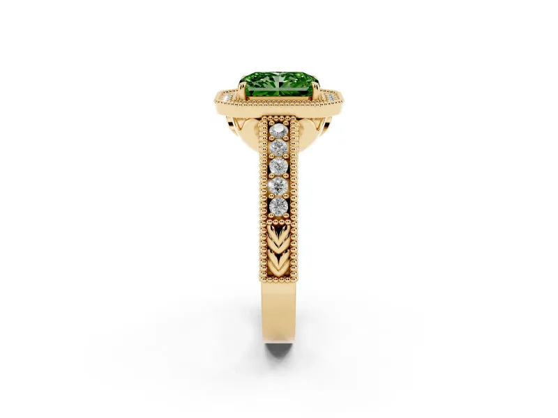 Radiant Cut Milgrain Halo Engagement Ring Setting for a Fancy Green Lab-Grown Diamond | Carved Leaf Detail | Yellow Gold