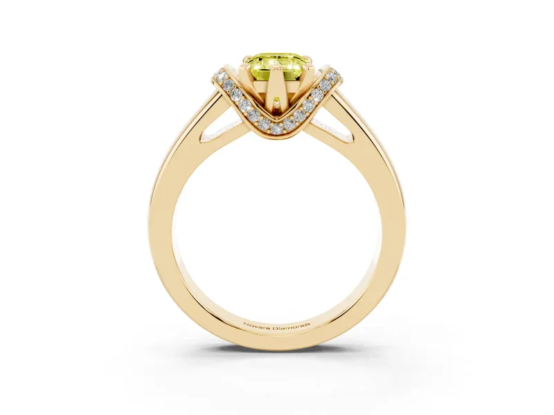 Fancy Yellow Emerald Cut Diamond Pavé Band Solitaire Ring Set in Yellow gold with Prong Setting