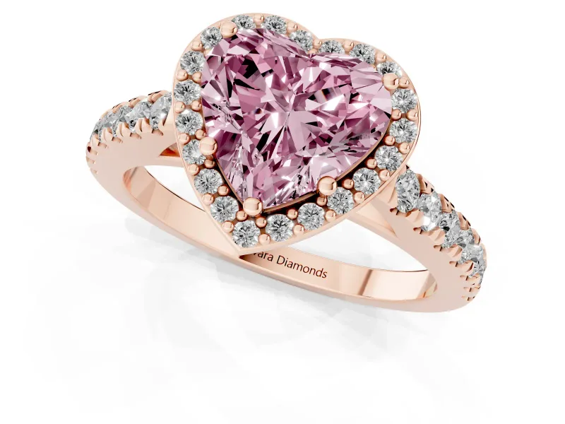 Fancy Pink Heart Cut Diamond Halo Engagement Ring Set in Rose gold with Pavé Band and Prong Setting