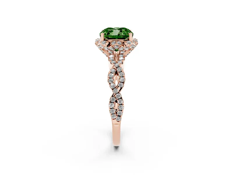 Fancy Green Cushion Cut Diamond Halo Twist Band Solitaire Ring Set in Rose gold with Prong-Set Center Stone