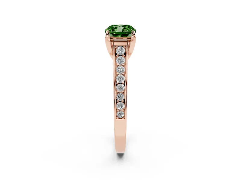 Fancy Green Cushion Cut Diamond Solitaire Pavé Engagement Ring Set in Rose gold with Prong Setting