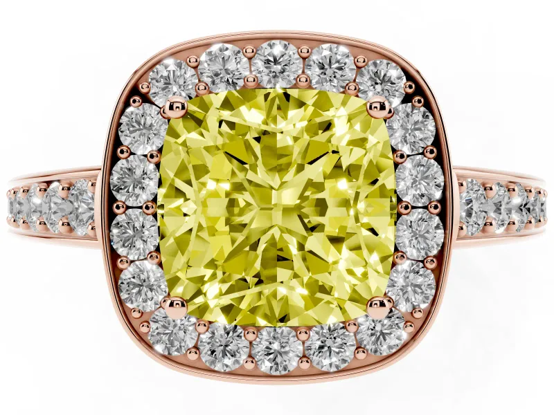 Fancy Yellow Cushion Cut Diamond Halo Pavé Engagement Ring Set in Rose gold with Bezel Setting